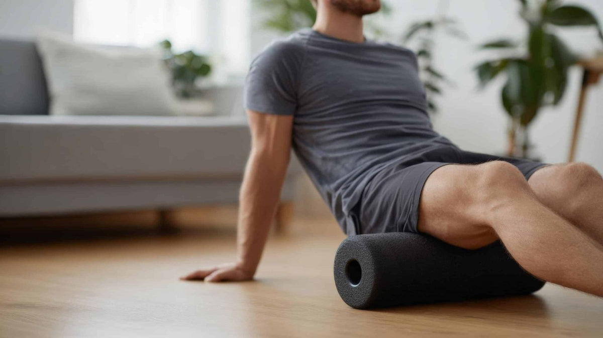 Man using a foam roller on a wooden floor in a living room.