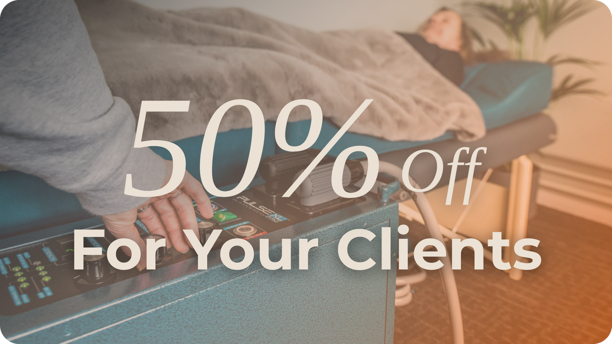 Person using a PEMF Machine with promotional text overlay '50% off For Your Clients' on a blurred background.