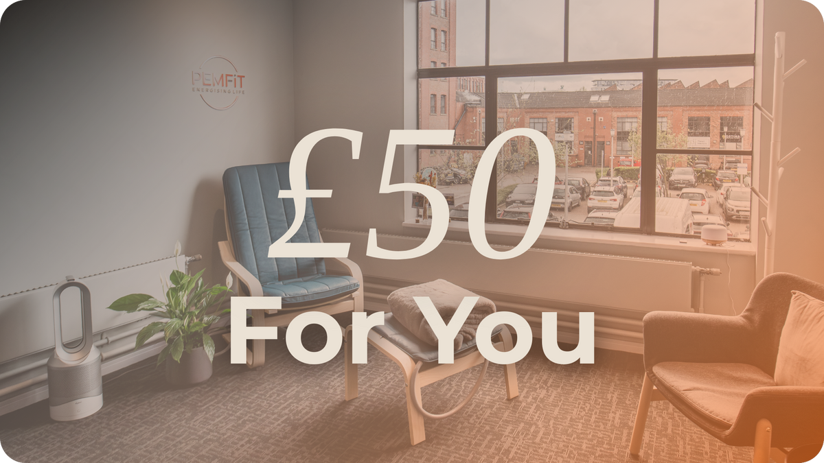 Modern therapy space with PEMF chairs and a window, featuring text '£50 For You'.